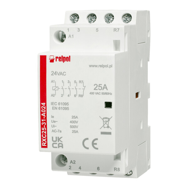 RXC25-31-D024- Installation contactor 4-pole, 3 NO contacts + 1 NC contact, 25A 24V DC