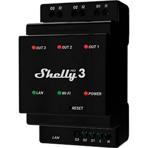 Shelly Hutschiene "Pro 3" Relais max. 48A 3 Phasen 3 Kanäle WLAN LAN BT